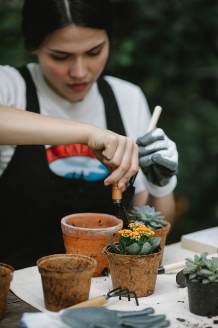 A young woman engaged in gardening activities at a garden table outdoors, surrounded by potted plants, gardening tools, and soil. She is wearing a white shirt and gray gardening gloves, carefully tend