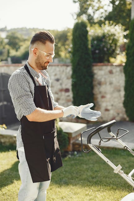 A young woman engaged in gardening activities at a garden table outdoors, surrounded by potted plants, gardening tools, and soil. She is wearing a white shirt and gray gardening gloves, carefully tend